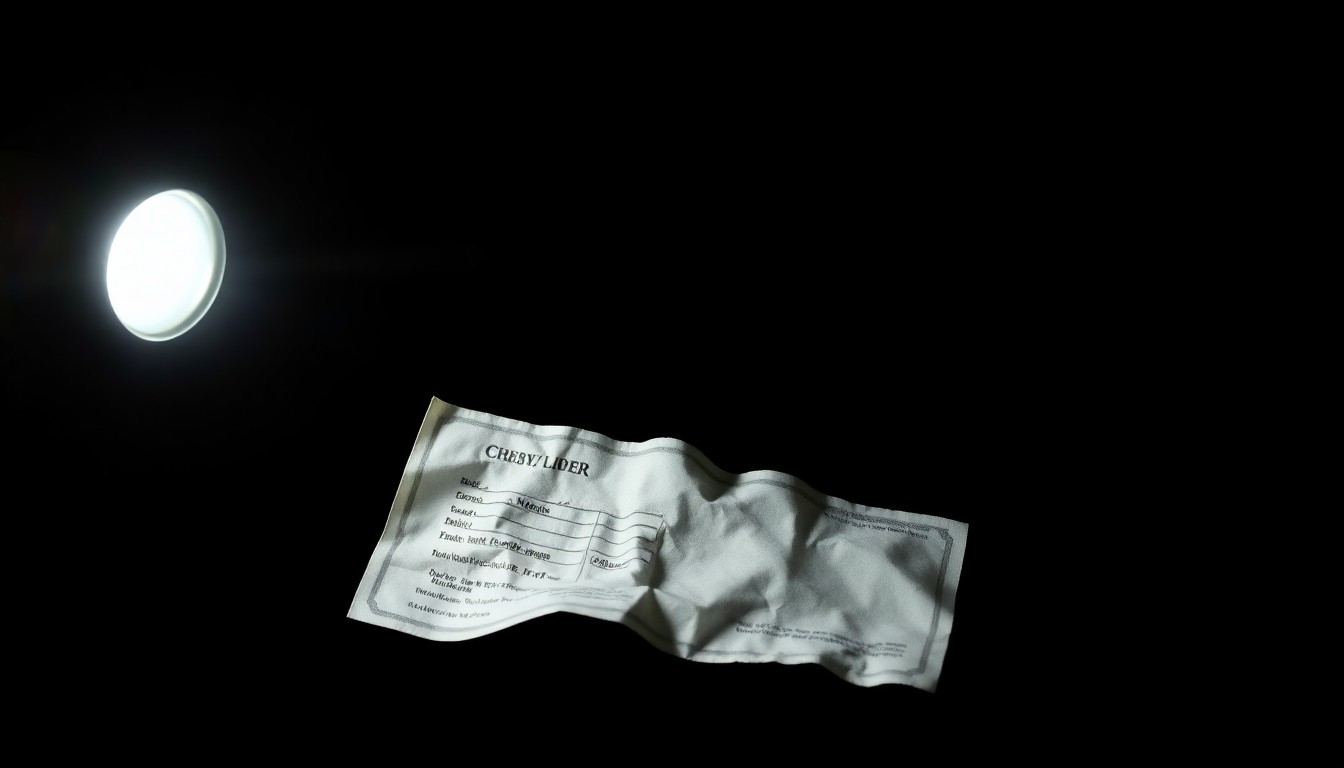 An extreme close-up photograph of a crumpled financial document lit by a harsh, direct camera flash against a pitch-black background, creating a stark, gritty, investigative aesthetic.