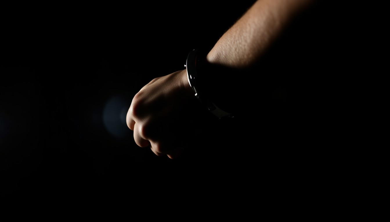 An extreme close-up of a handcuffed wrist against a stark black background, conceptually illustrating the tense and coercive nature of a police interrogation.