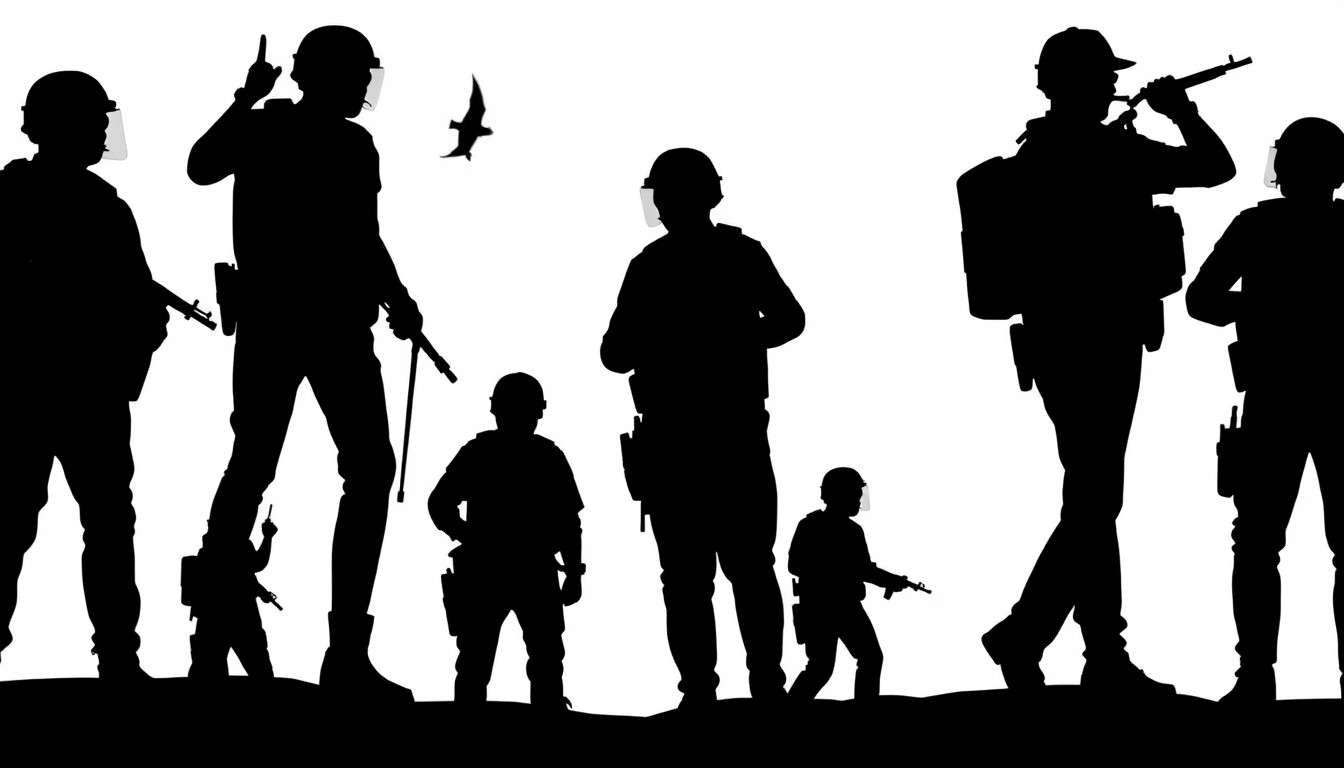 A bold, abstract composition of jagged, geometric black silhouettes representing the heavy security presence and law enforcement response at the Crush Reloaded music festival on Tybee Island, conveying a sense of tension and vigilance.