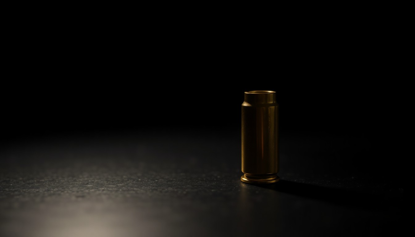 An extreme close-up photograph of a single bullet casing on a dark surface, lit by a harsh, direct camera flash, conceptually representing the gritty details of a criminal investigation.