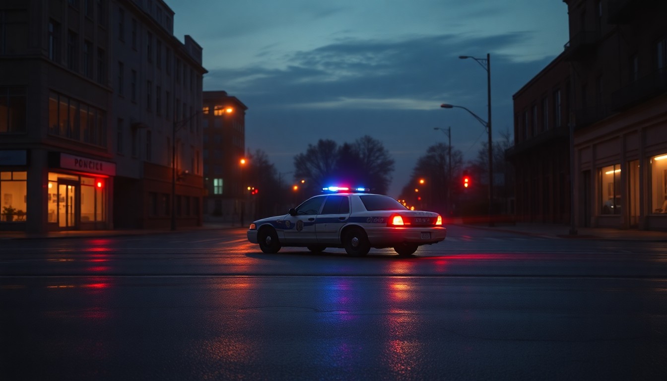 A cinematic painting of a solitary police car parked on an empty city street at dusk, the vehicle's red and blue lights reflecting off the wet pavement in a moody, nostalgic style that evokes a sense of contemplation about the future of policing in the community.
