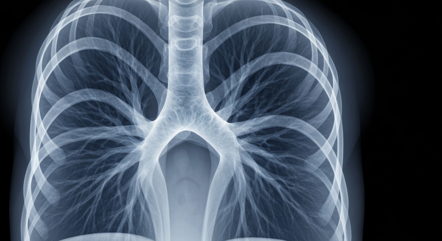 An extreme close-up, translucent X-ray image revealing the intricate network of blood vessels within a human lung, conceptually representing the ability to detect the early signs of lung cancer spread.