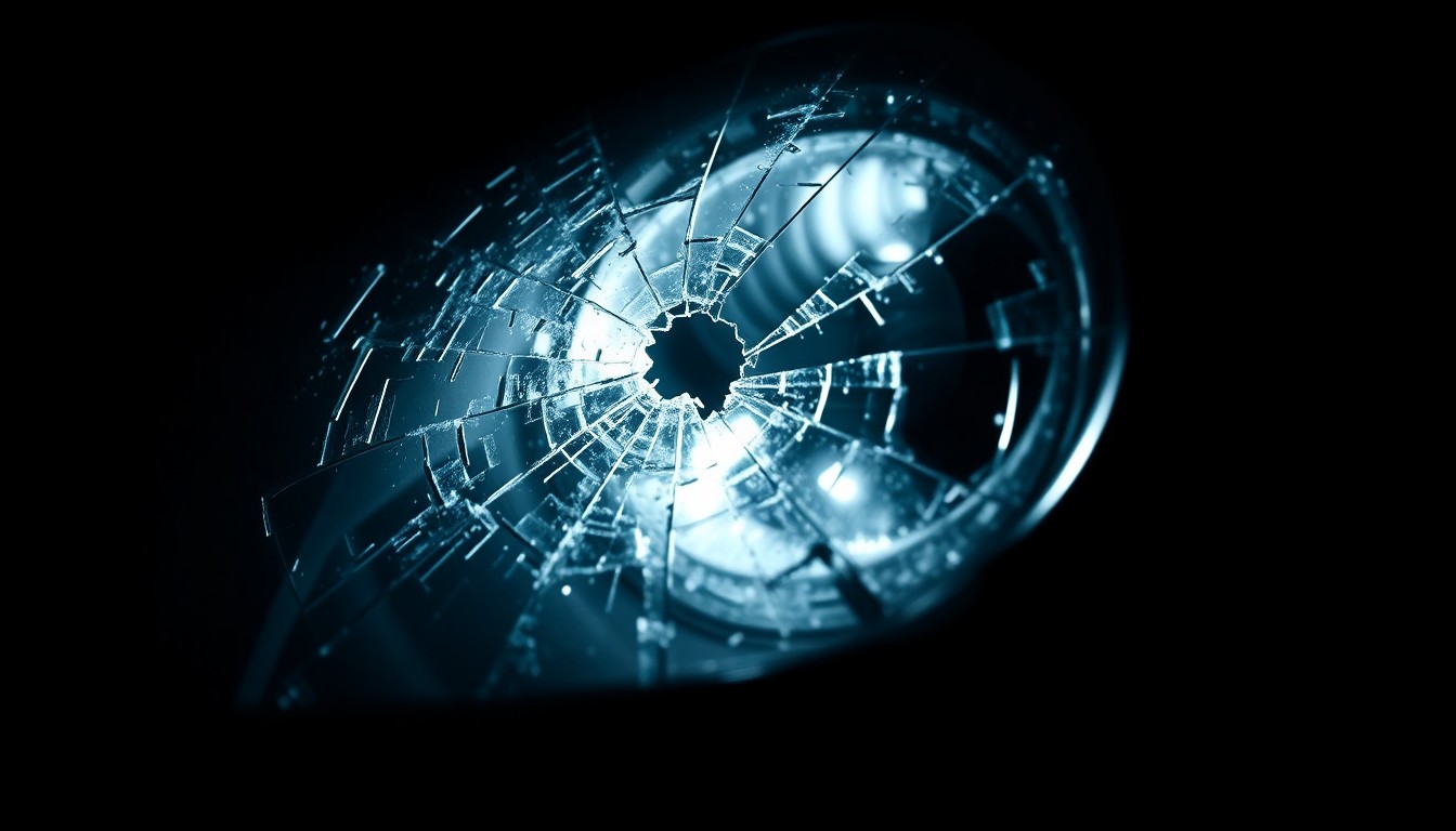 An extreme close-up photograph of a shattered car windshield or headlight lens, lit by a harsh, direct camera flash against a pitch-black background, conveying the stark, gritty aftermath of a fatal wrong-way driving crash.
