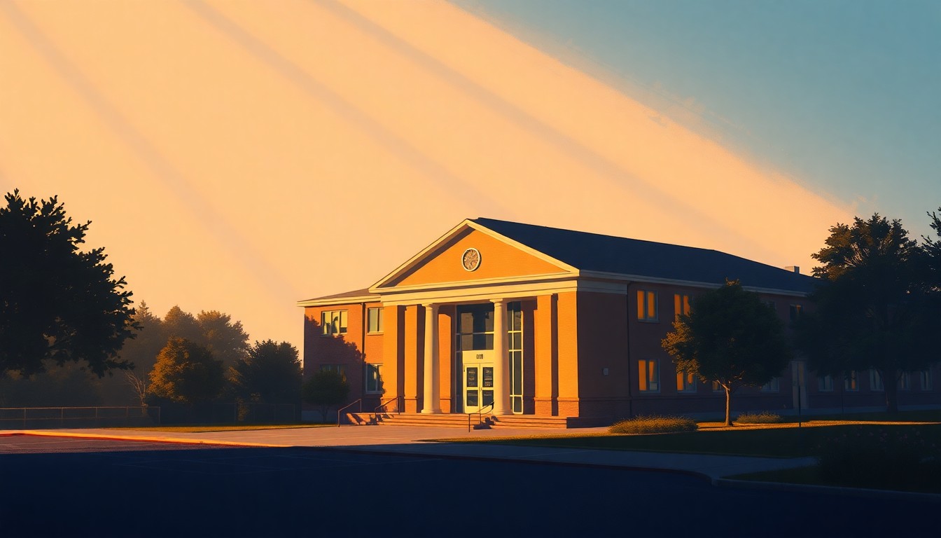 A serene oil painting depicting a community college campus building in soft, warm lighting, conveying a sense of educational access and community investment.