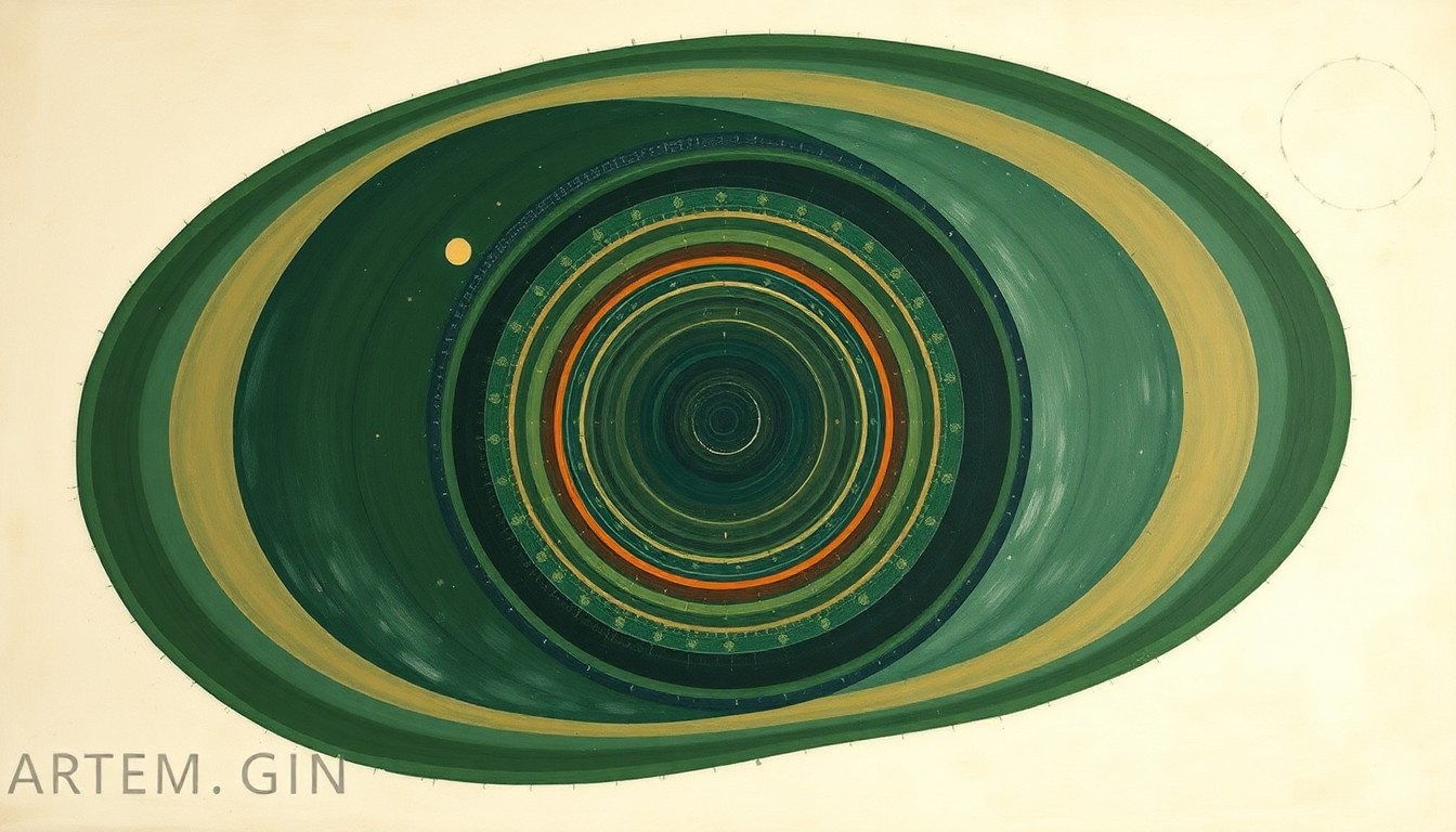 A bold, abstract painting in earthy tones of green, brown, and blue, featuring sweeping geometric arcs, concentric circles, and precise botanical spirals, conceptually representing the Artemis II mission and its connection to the local community.