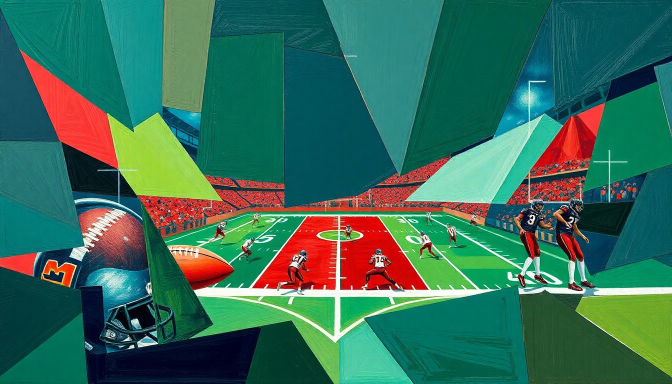 A fragmented, cubist-style painting depicting a football practice scene, with players and equipment broken down into sharp, angular geometric shapes in a palette of deep greens, navy blues, and crimson reds.