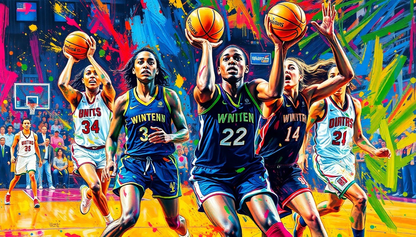 An abstract, energetic painting in vibrant neon colors, capturing the raw athleticism and dynamic movements of a WNBA basketball game, with the players' forms dissolving into expressive brushstrokes.