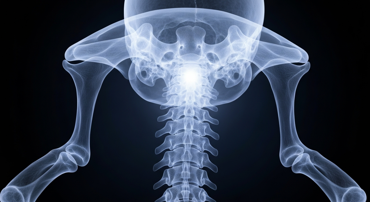 A ghostly, translucent X-ray image focusing on the upper spine and base of the skull, showing the delicate structure of the atlas and axis vertebrae that can impact inner ear function when misaligned.