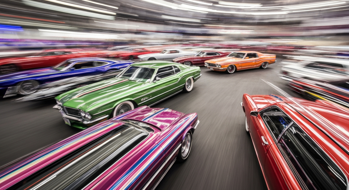 An abstract, colorful image created with motion blur, depicting a variety of custom cars in motion at the Caliber Collision car show, conveying the energy and diversity of the event.