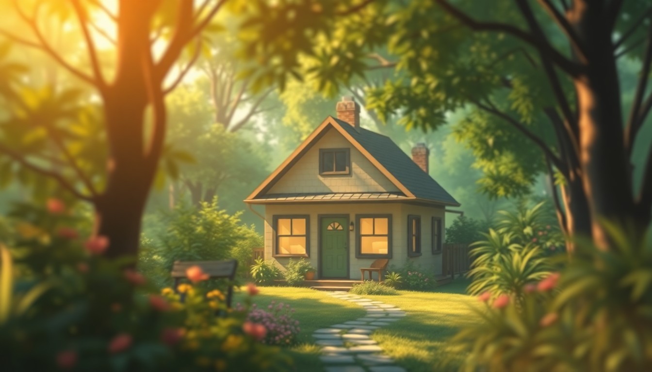 An extremely abstracted, out-of-focus photograph of a small, cozy home surrounded by lush greenery, with soft pools of warm color and light, conceptually representing the comfort and community support for a local family in need.