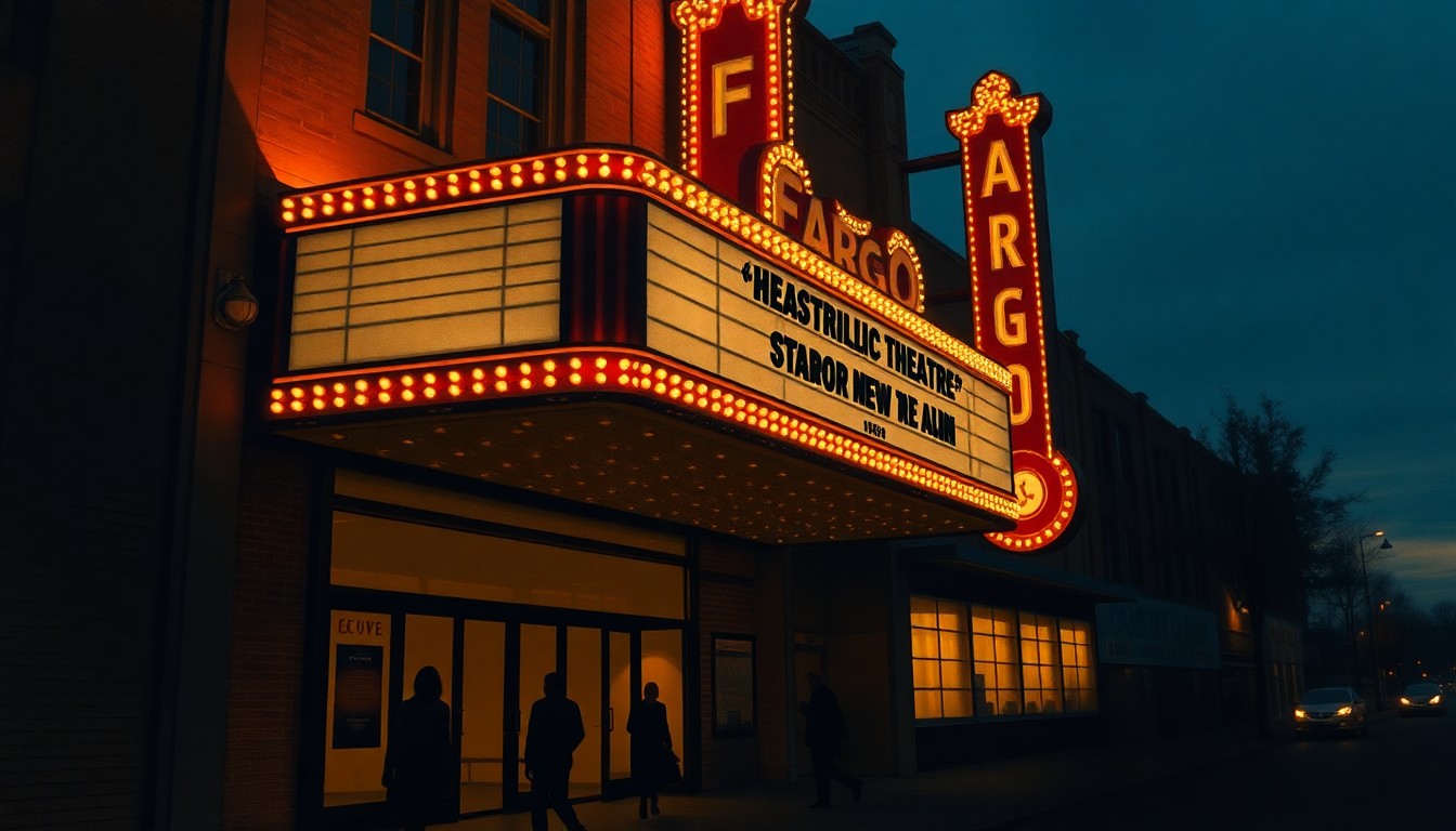 A cinematic painting of the Fargo Theatre marquee at night, with people entering the building silhouetted against the warm glow of the lights. The scene has a nostalgic, contemplative mood, reflecting the importance of this mayoral debate for the city's future.