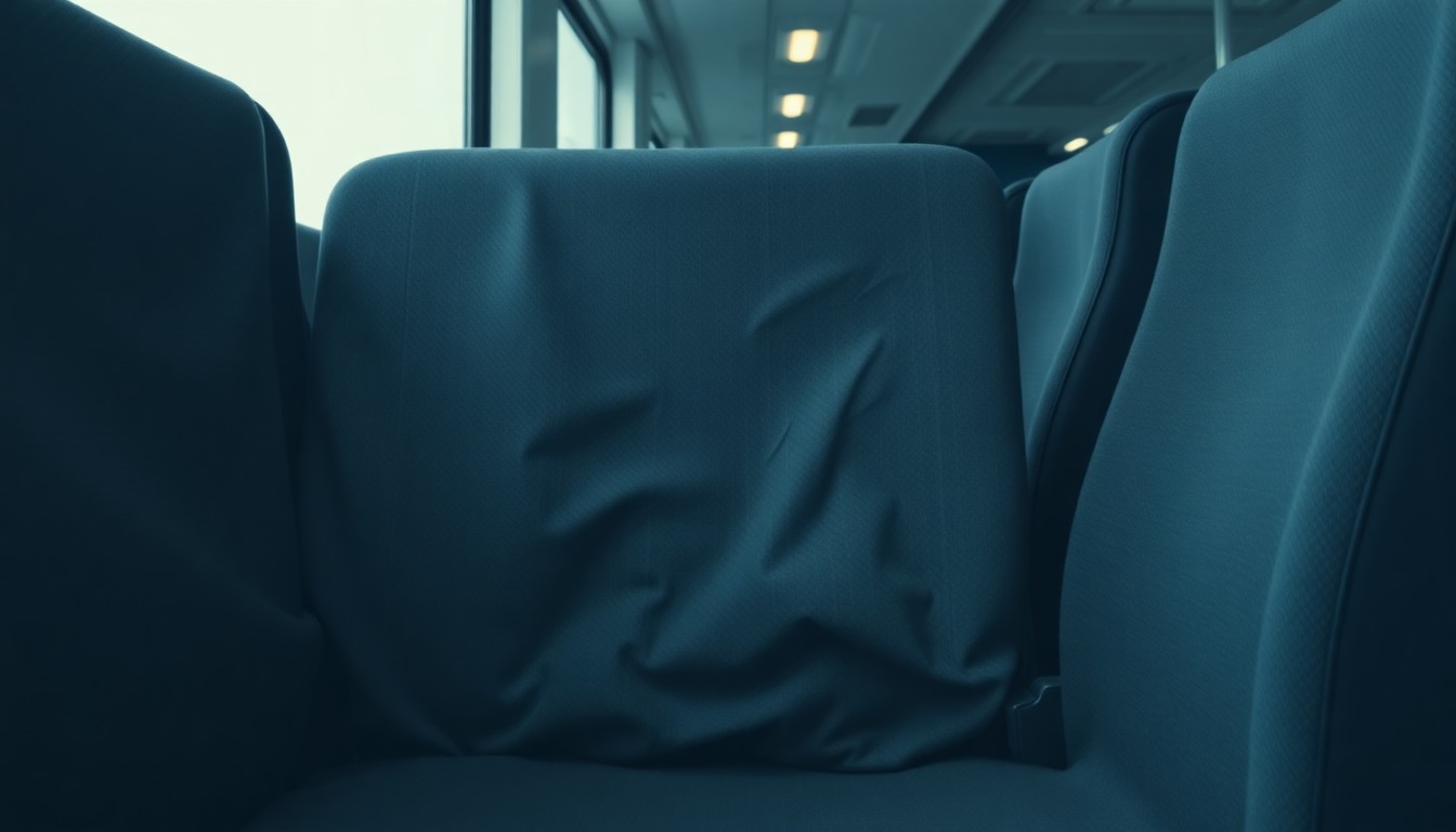 An abstract, high-contrast close-up photograph of a textured train seat fabric in muted shades of grey and blue, conveying a sense of isolation and disorientation.