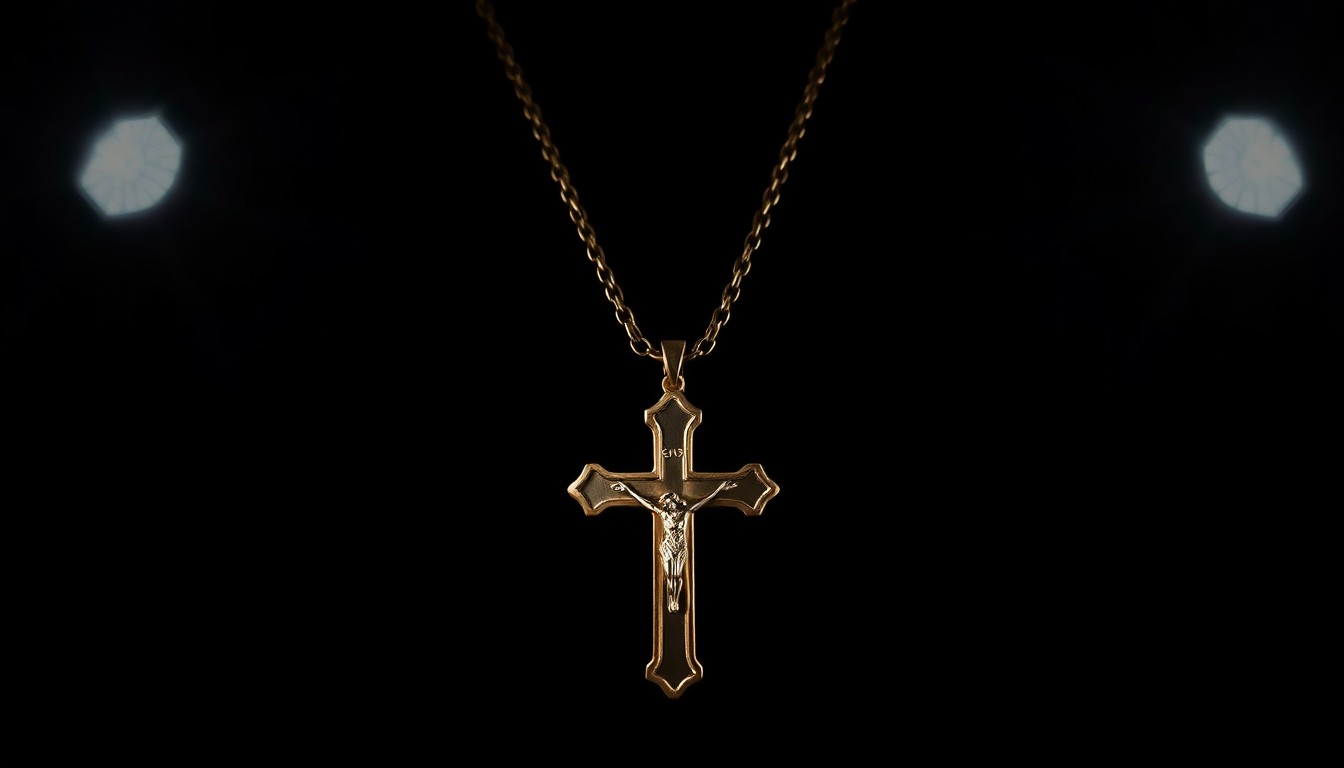 An extreme close-up photograph of a gold crucifix necklace against a pitch-black background, with dramatic lighting and stark contrast creating a gritty, investigative aesthetic.
