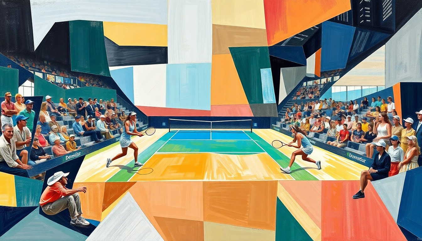 A fragmented, geometric painting depicting the dynamic movement and strategic interplay of a tennis match, with sharp, overlapping planes of color and form.