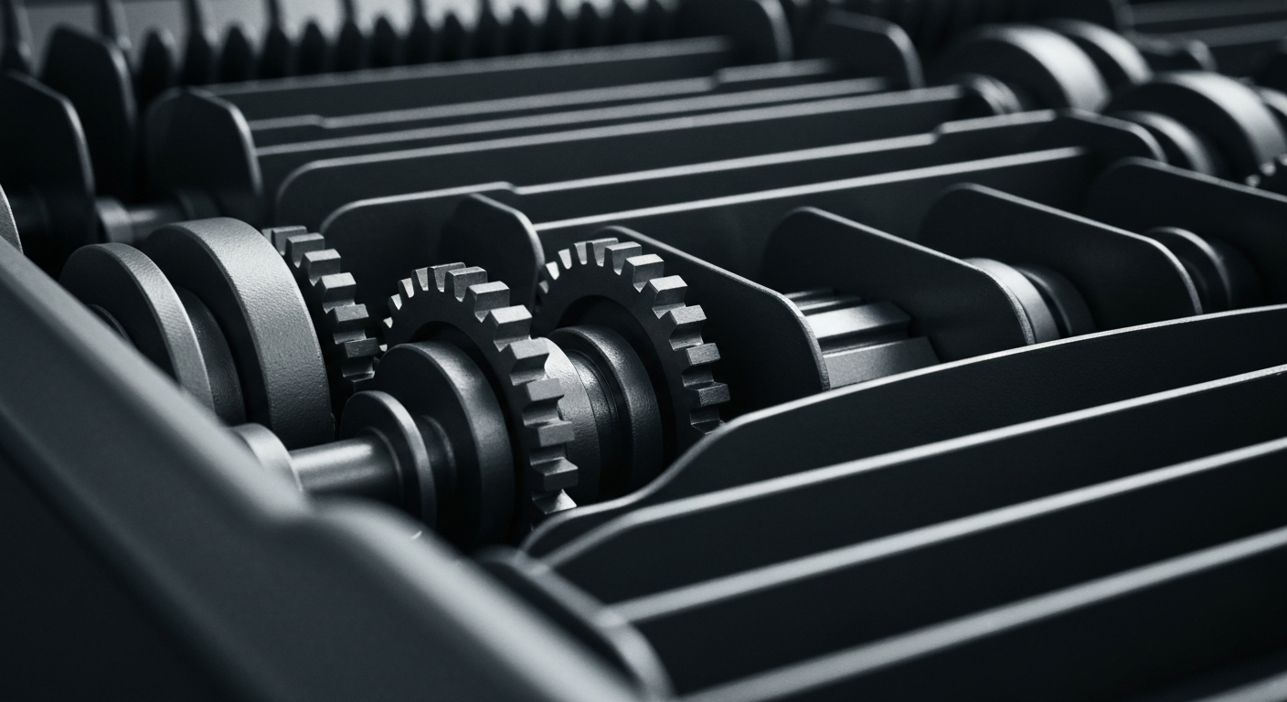 An extreme close-up of the intricate gears and mechanisms of a postal sorting machine, conveying the complex infrastructure of the postal system that is central to the timely delivery of tax returns.