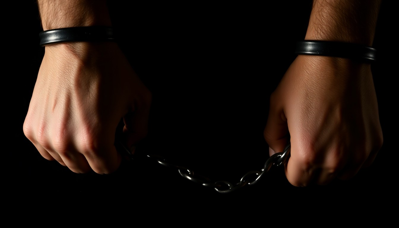 An extreme close-up of a pair of handcuffed wrists against a stark black background, conceptually illustrating the legal troubles surrounding a troubled celebrity relationship.