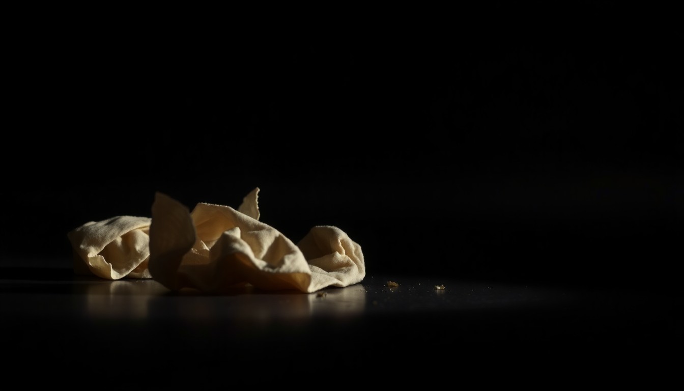 An extreme close-up photograph of a tattered piece of fabric, its texture and fibers dramatically illuminated by a harsh camera flash against a pitch-black background, conceptually representing the physical evidence from the Karen Vergata murder case.