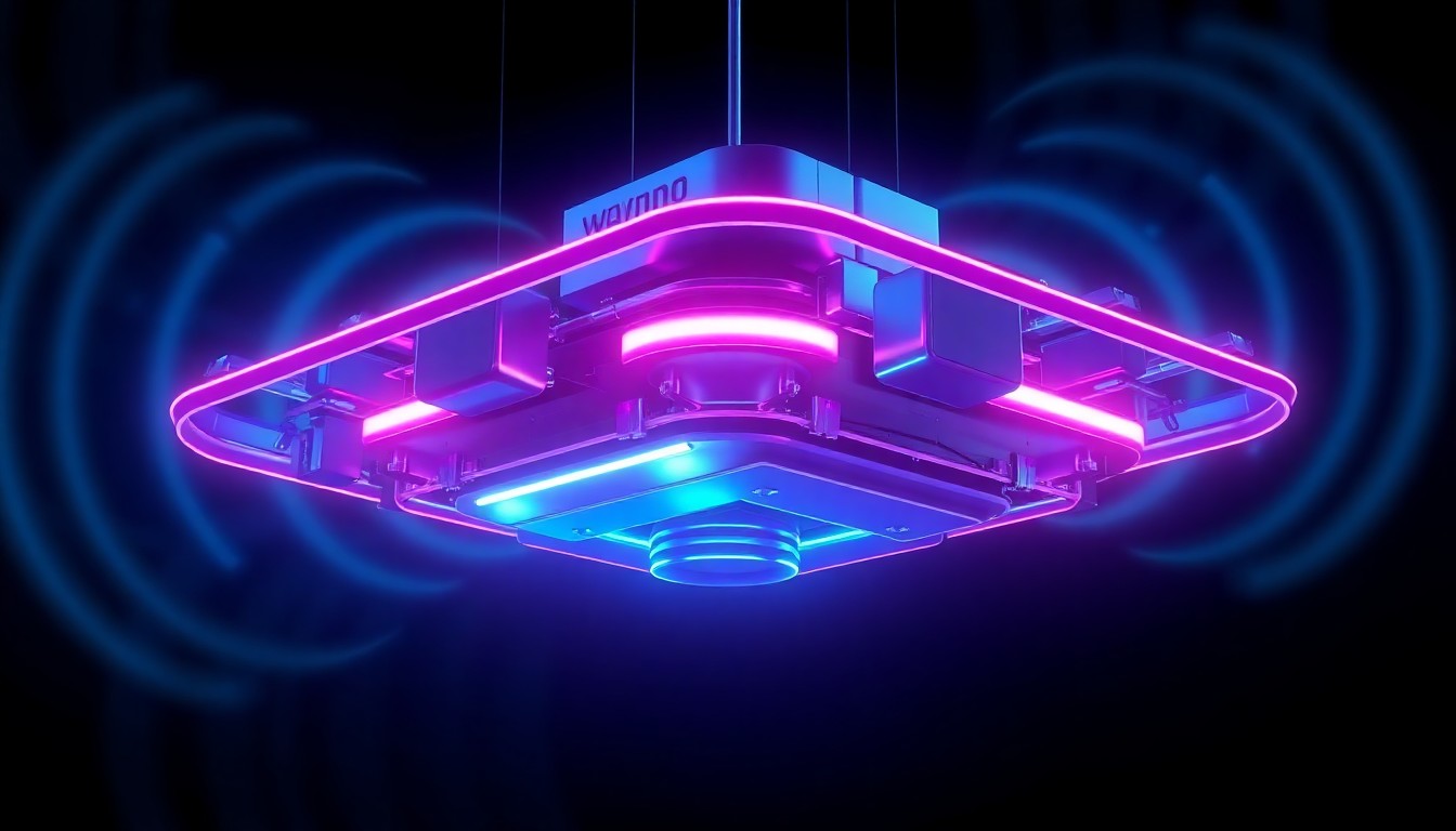 A highly detailed, glowing 3D illustration of a Waymo autonomous vehicle sensor array, with various cameras, lidar, and radar components illuminated by neon cyan and magenta lights against a dark, abstract background, conceptually representing the digital infrastructure that powers Waymo's road detection capabilities.