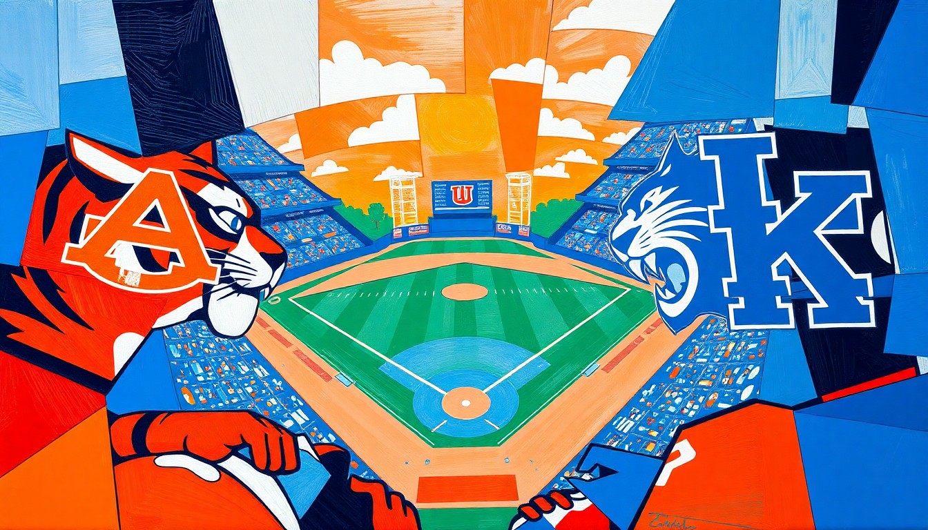 A fragmented, geometric painting depicting a baseball game between two teams, with the players and field broken down into sharp, overlapping planes of color.
