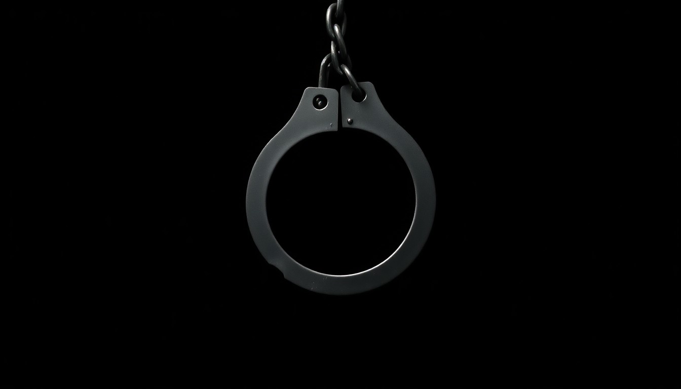An extreme close-up photograph of a set of handcuffs against a pitch-black background, creating a stark, gritty, investigative aesthetic.