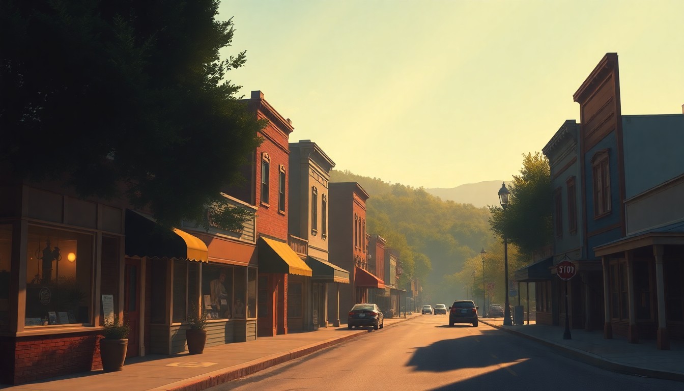 A serene, nostalgic painting of a small-town main street in Tennessee, with warm sunlight and deep shadows creating a cinematic, timeless atmosphere that evokes the close-knit community celebrating a major national milestone.