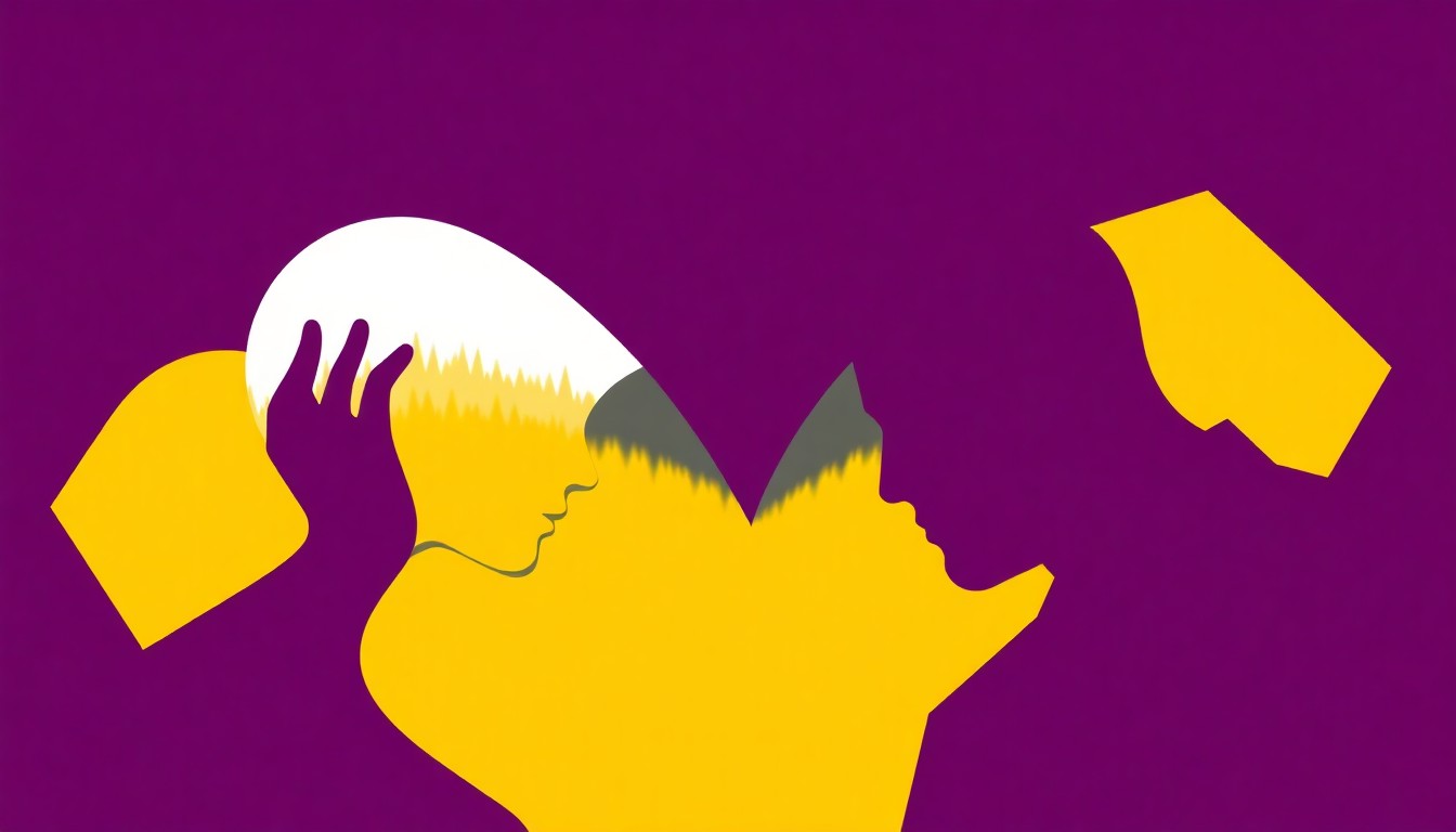 A bold, abstract composition of jagged, geometric shapes in deep purple and bright yellow, conceptually representing the themes of love, connection, and the complexities of modern relationships.