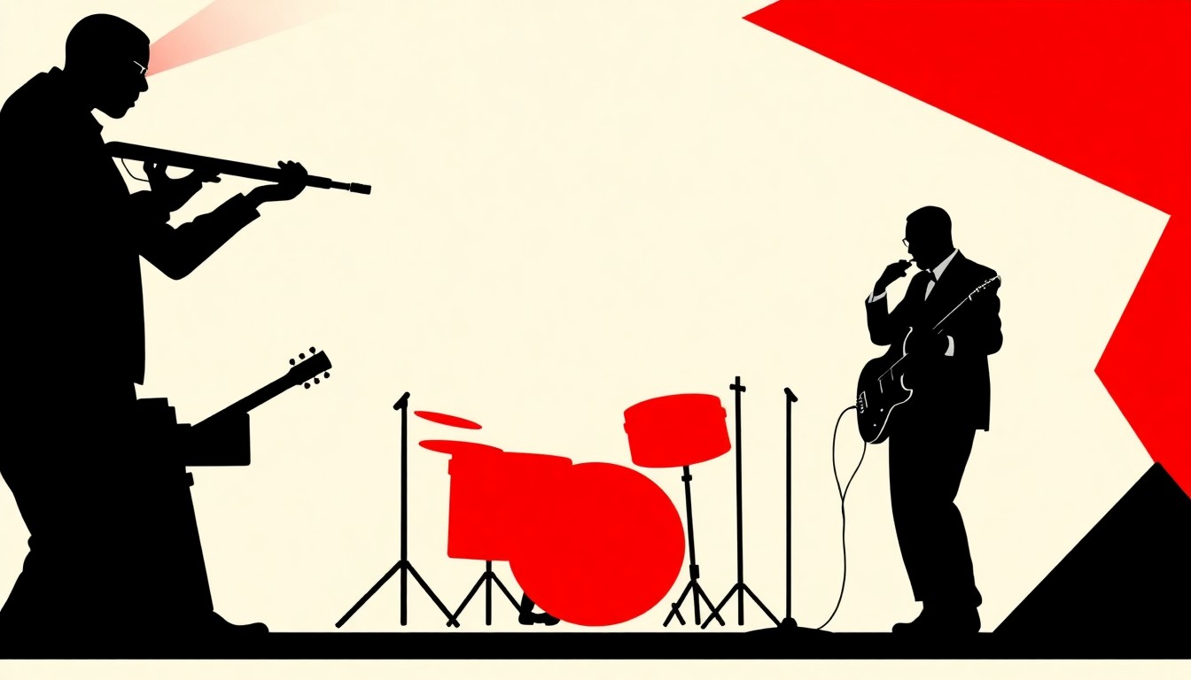 A bold, abstract illustration featuring stark black silhouettes and geometric shapes in high-contrast red and white, conceptually representing a lively musical performance.