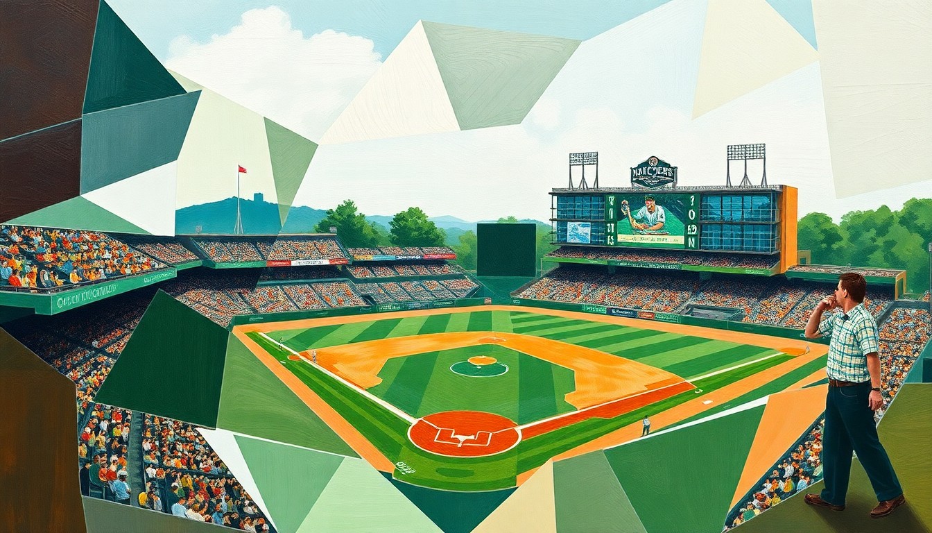 A fragmented, geometric painting in shades of green, brown, and white, depicting the dynamic movements and perspectives of a college baseball game.