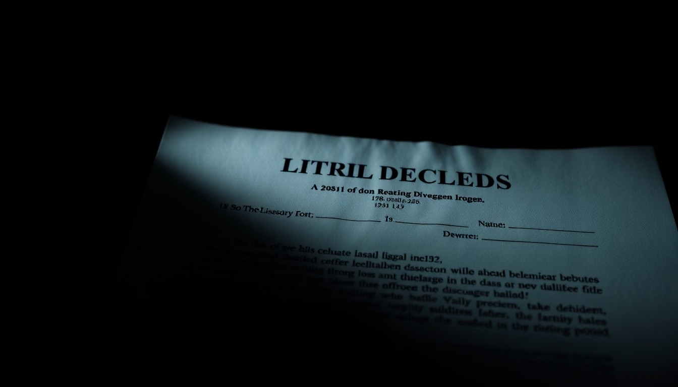 An extreme close-up photograph of a forged legal document, such as a divorce decree, lit by a harsh, direct camera flash against a pitch-black background, conceptually illustrating the fraudulent conduct that led to a lawyer's disbarment.
