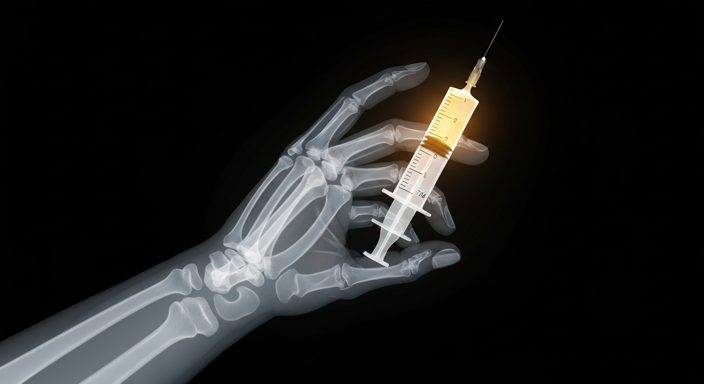 A ghostly, translucent X-ray photograph showing the internal structures of a human hand holding a syringe filled with a glowing, luminescent liquid, conceptually illustrating the clinical nature of compounded GLP-1 telehealth programs.
