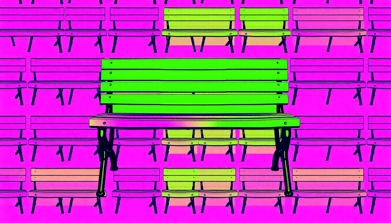 A highly stylized, abstract grid of brightly colored park benches in neon shades of blue, orange, and green, conveying the energy and vibrancy of the upcoming renovations to Lynn's Veterans Memorial Park.