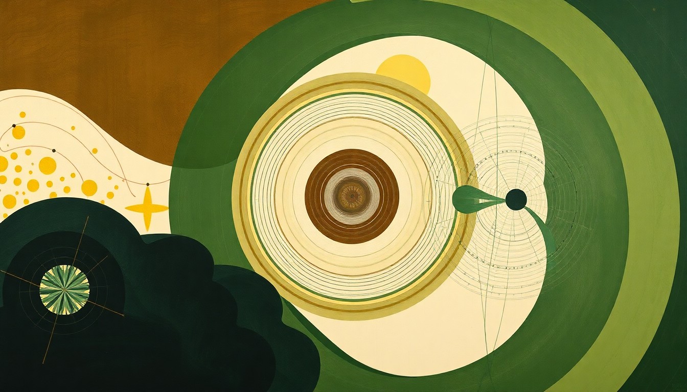 A bold, highly structured abstract painting in muted tones of green, brown, and blue, featuring sweeping geometric arcs, concentric circles, and precise botanical spirals, conceptually representing the complex natural systems impacted by the invasive nutria rodent.