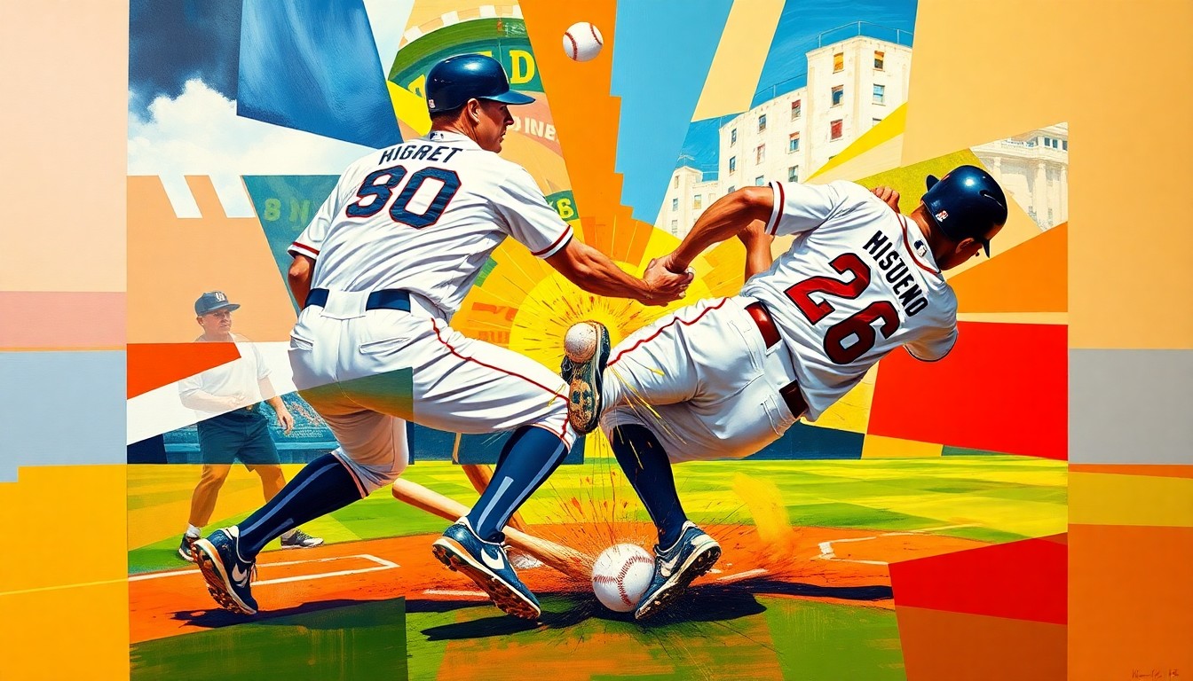 A cubist, geometric painting depicting the chaotic collision of two baseball players on a field, their bodies and uniforms fractured into sharp, overlapping shapes and planes of bright colors.