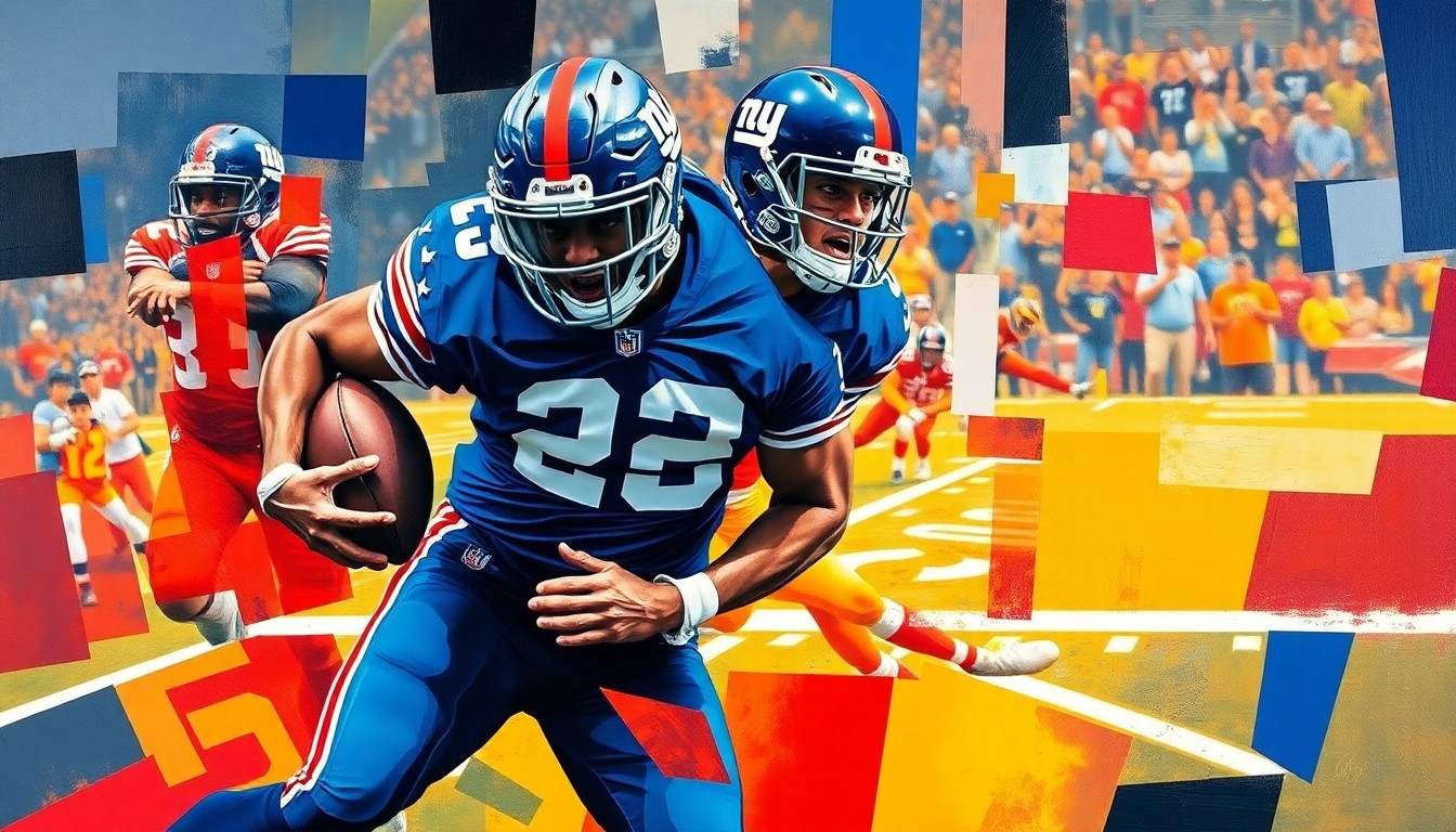 A fractured, multi-perspective painting in a cubist style, breaking down the movements and struggles of a football player on the field into sharp, overlapping geometric planes in the colors of the New York Giants.