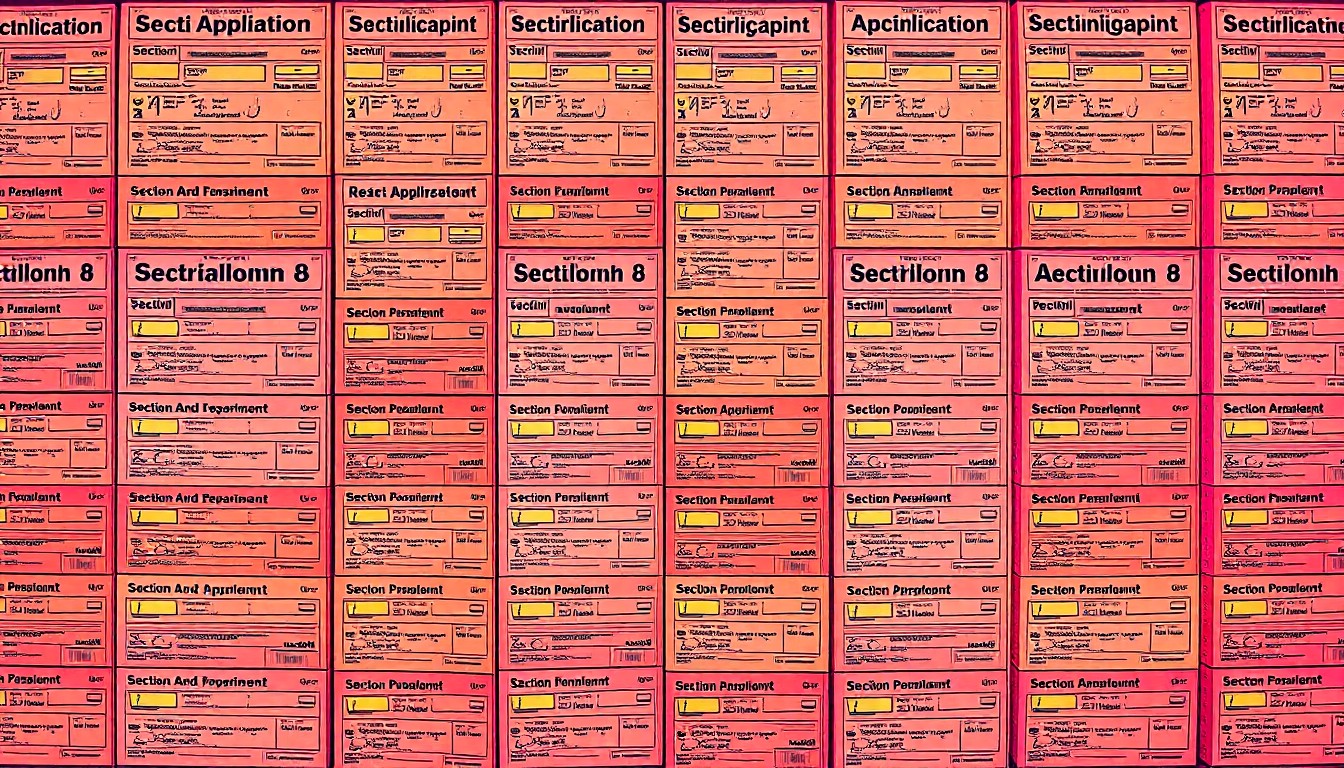 A brightly colored, high-contrast silkscreen print of a Section 8 housing application form repeated in a tight grid pattern, conceptually representing the streamlining of the affordable housing search process.