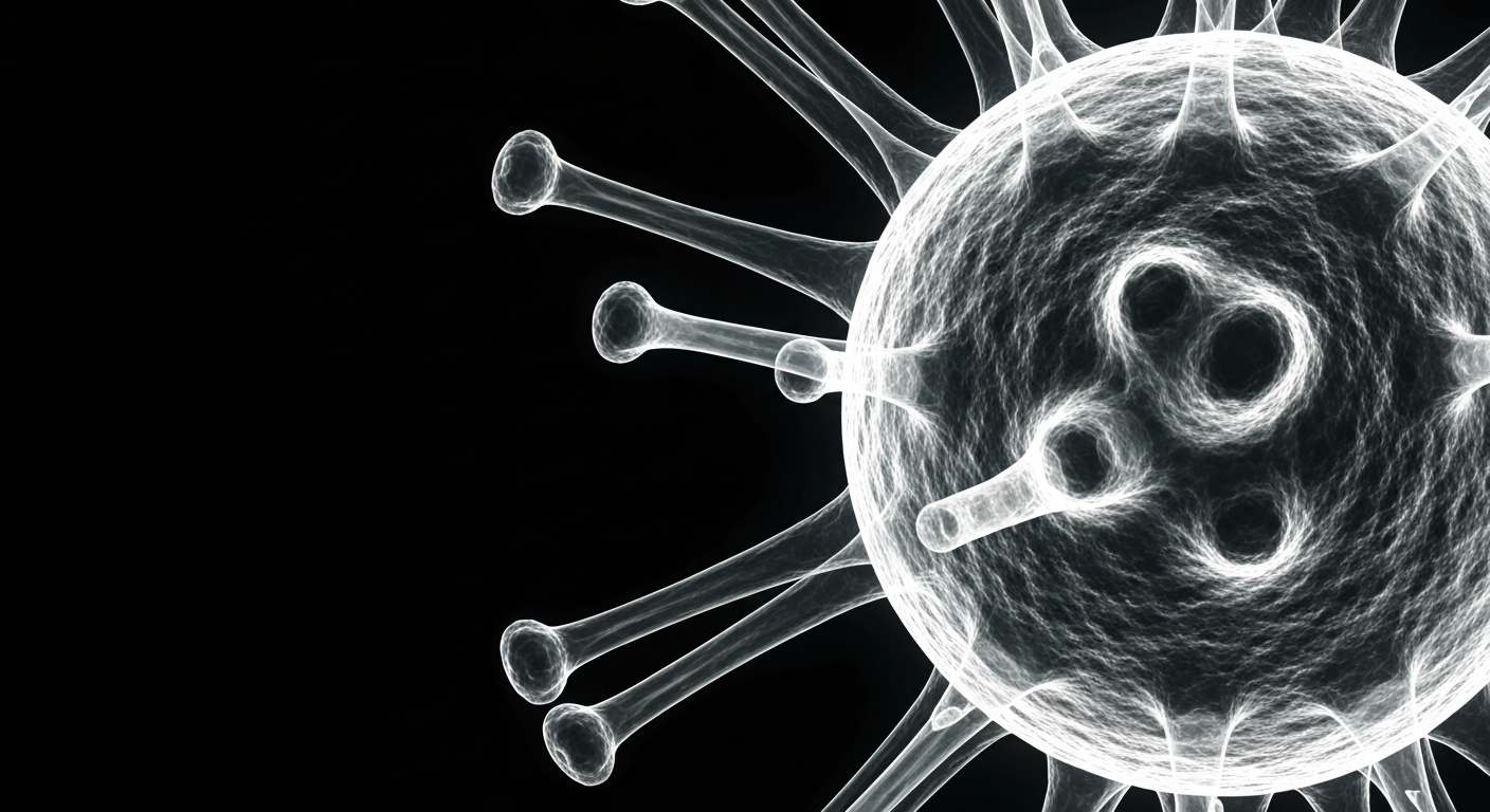 A ghostly, translucent X-ray image revealing the intricate internal structure of a measles virus particle, conceptually illustrating the importance of vaccination in combating the spread of this highly contagious disease.