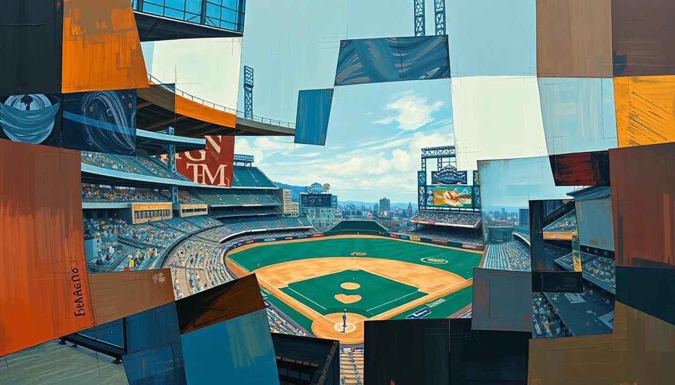 A cubist-style painting depicting a fragmented, geometric interpretation of a baseball stadium or game, with overlapping planes of color representing the dynamic energy and shifting perspectives of the sport.