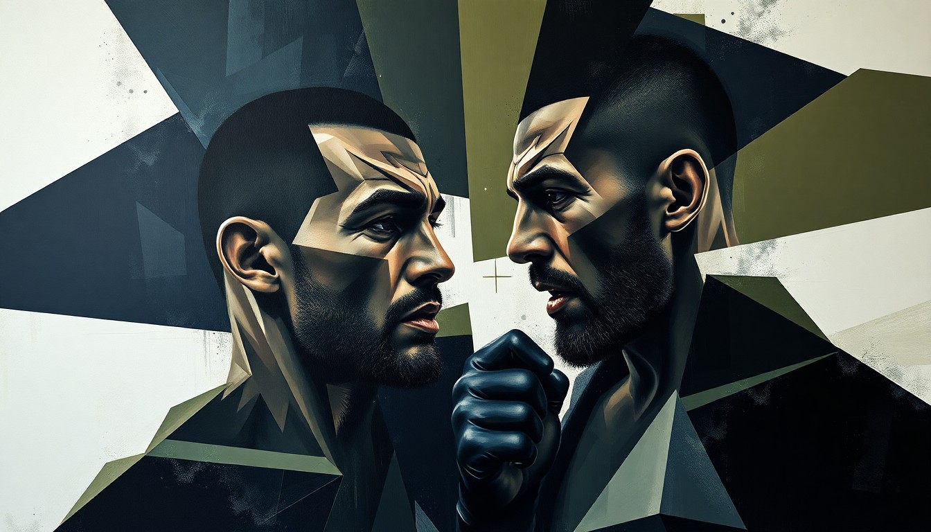 A cubist, geometric painting depicting the chaotic action of a UFC title fight, with the fighters' bodies and movements fractured into sharp, overlapping planes of color.