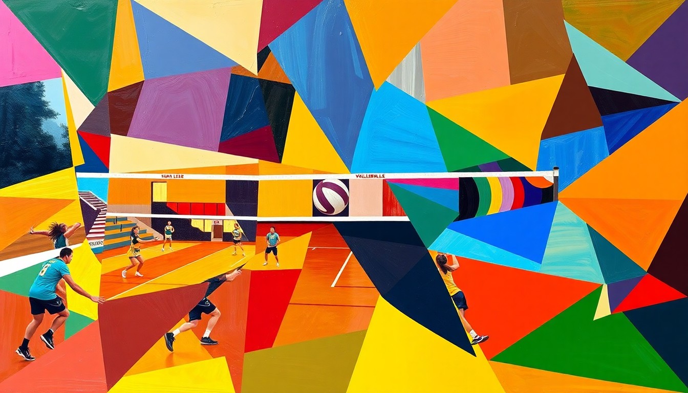 A cubist-style painting featuring overlapping geometric shapes and planes in the school colors of Midland Lee High, conceptually representing the transition of leadership in the volleyball program.