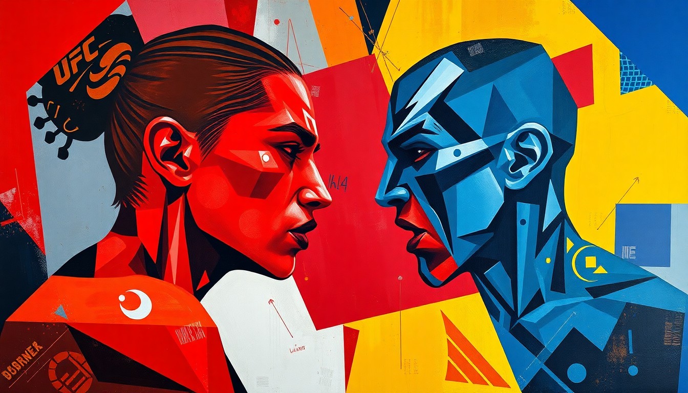 A fractured, multi-perspective painting in bold, vibrant colors depicting the dynamic movements and physical clash of a UFC strawweight fight, without any identifiable figures or text.