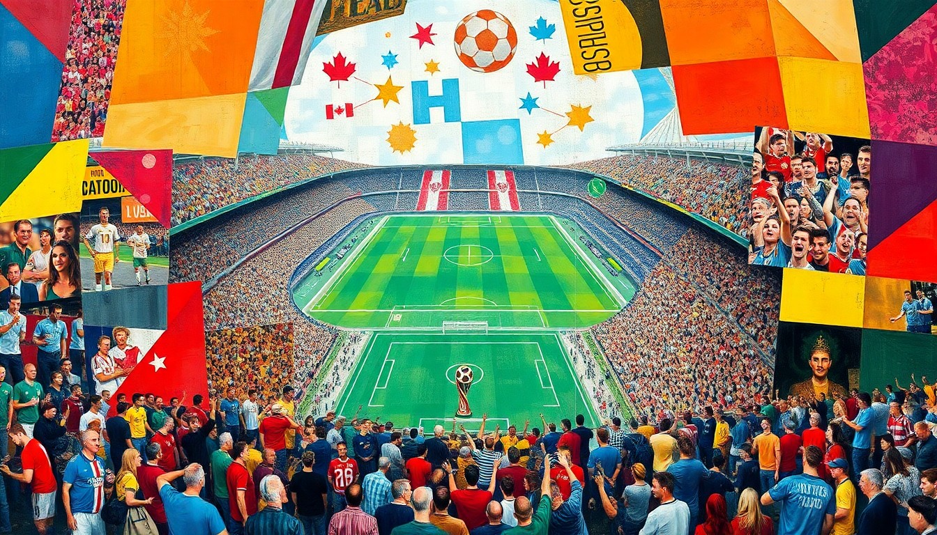 A cubist, geometric painting depicting fragmented scenes of soccer players, stadiums, and crowds, conceptually representing the complex logistics of hosting the 2026 World Cup across multiple North American cities.