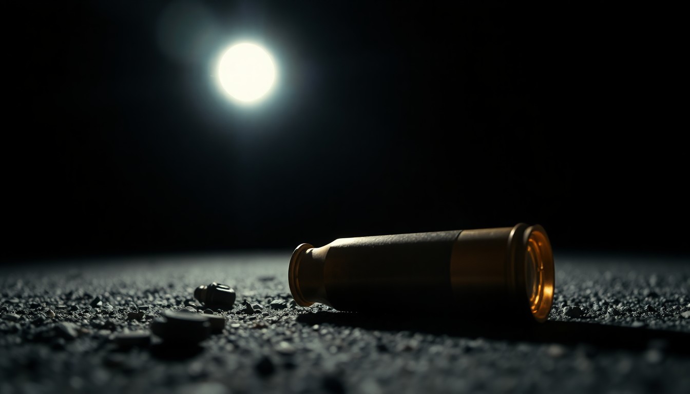 An extreme close-up photograph of a spent shell casing on the ground, capturing the stark, gritty details of a crime scene investigation.