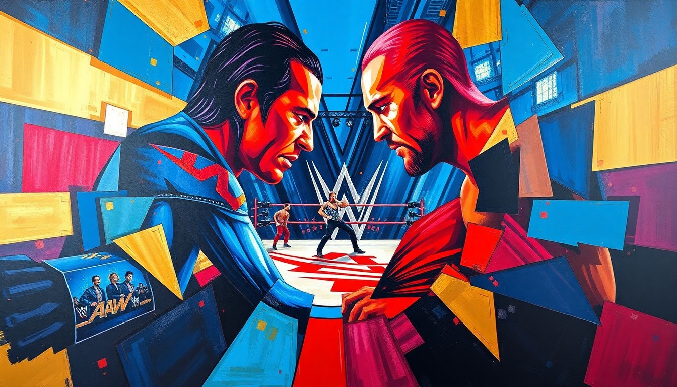 A fractured, cubist-style painting depicting a WWE wrestling match, with sharp, overlapping geometric shapes in vibrant colors like blue, red, and gold, conveying the raw power and dynamism of the sport.