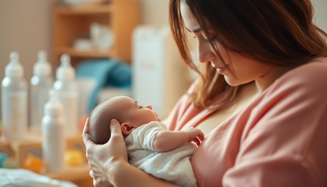 A soft, impressionistic photograph in warm, pastel tones depicting the intimate, tender moment of a mother holding a newborn baby, with blurred shapes of infant care items in the background, conveying a sense of care and community support.