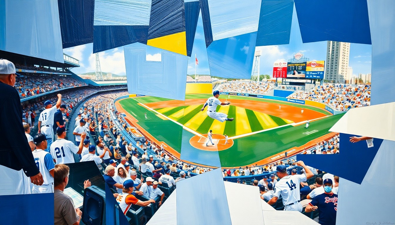 A fragmented, geometric painting in shades of blue and white, depicting a baseball game or match in an abstract, multi-angled style, representing the Dodgers' storied history.