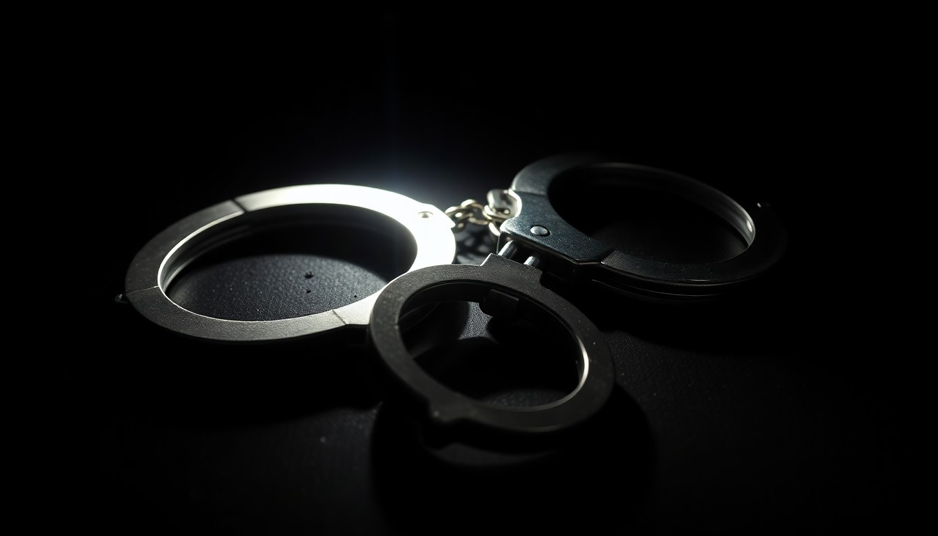 An extreme close-up photograph of a pair of handcuffs lying on a dark surface, lit by a harsh, direct camera flash, conceptually illustrating the security issues surrounding a recent inmate escape.