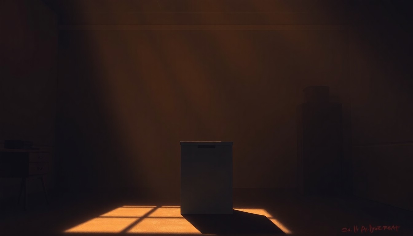 A photorealistic painting of a solitary metal ballot box sitting on a wooden desk in a dimly lit, shadowy office space, with warm, diagonal sunlight streaming in through a window, creating a sense of quiet contemplation and nostalgia.