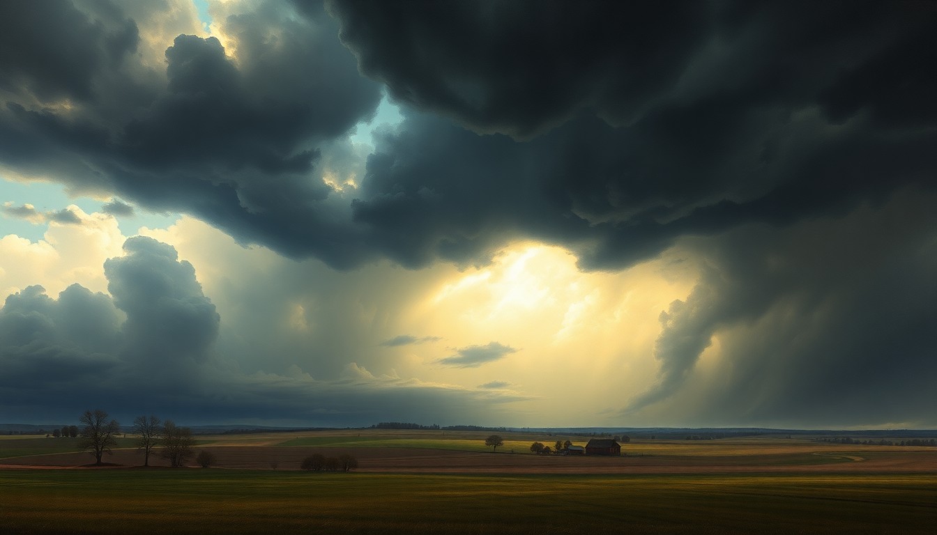 A vast, atmospheric landscape painting in muted tones of grey, blue, and gold, with a dramatic, stormy sky dominating the frame and dwarfing the small structures in the distance, conveying the overwhelming power of an approaching weather system.