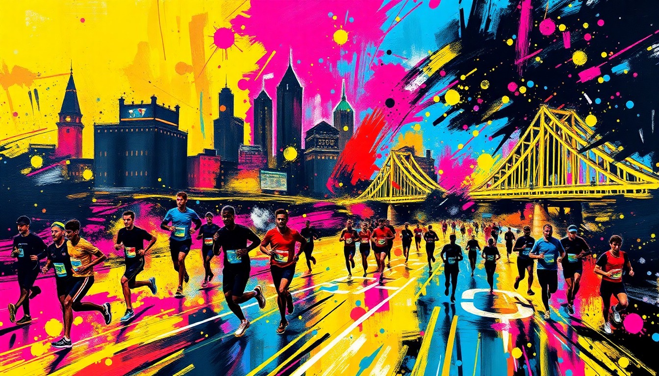 An abstract, expressionist painting featuring vibrant brushstrokes of neon colors and the silhouettes of runners, with the Pittsburgh skyline and bridges visible in the background, conceptually representing the energy and community of the Pittsburgh Marathon.