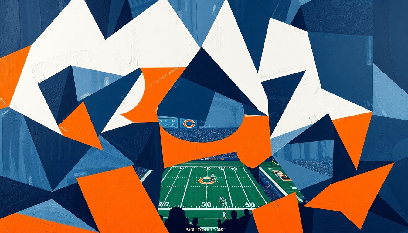 A cubist, geometric illustration depicting a fragmented Chicago Bears football game, with sharp, overlapping planes of navy blue, orange, and white, conceptually representing the intricate decisions facing the team's front office during the NFL Draft.